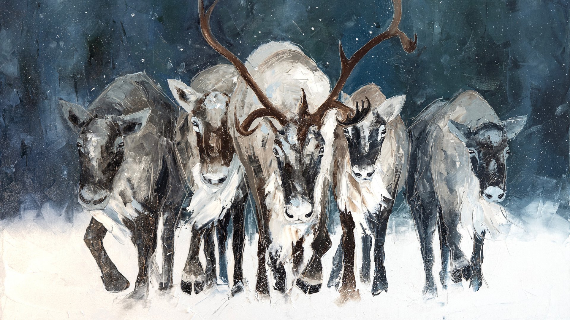 Peinture de caribous dans la neige.