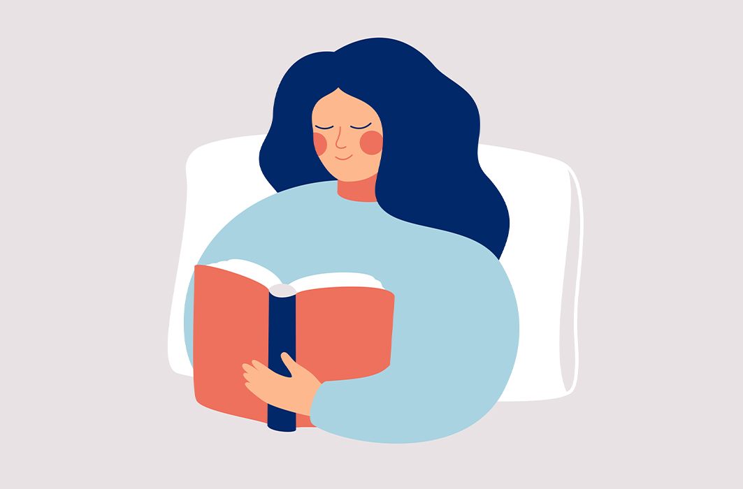 Illustration d'une femme avec un livre dans son lit.