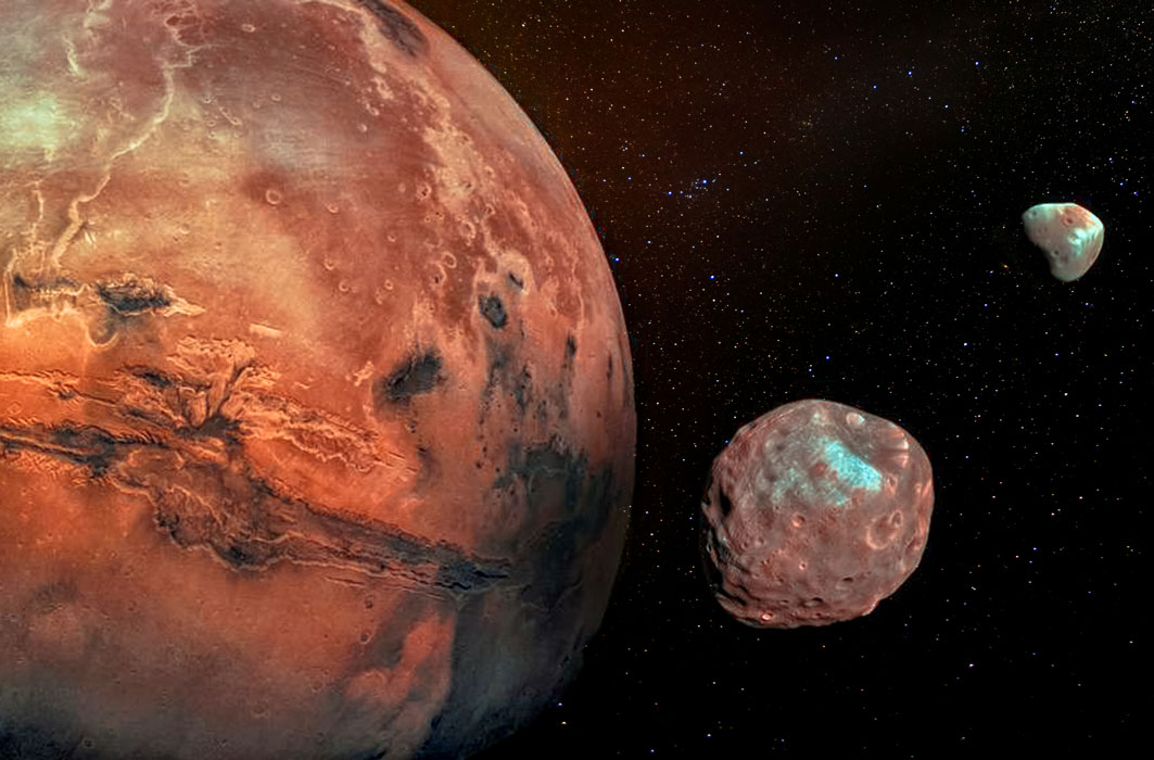 Une illustration de Mars et de ses deux satellites naturels.