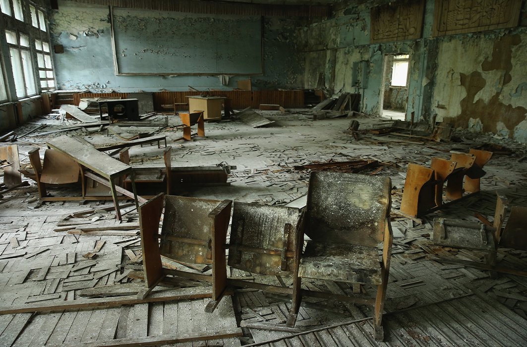 Les vestiges d’une salle de cours
