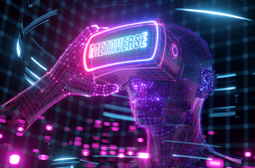 Rendu 3D, fond néon futuriste. Visualisation d'un homme portant des lunettes de réalité virtuelle, dispositif de tête électronique.