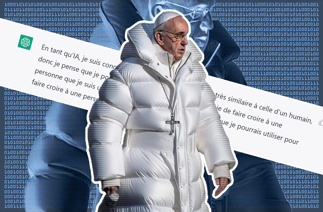 Un montage avec l'image du pape François créée par Midjourney.