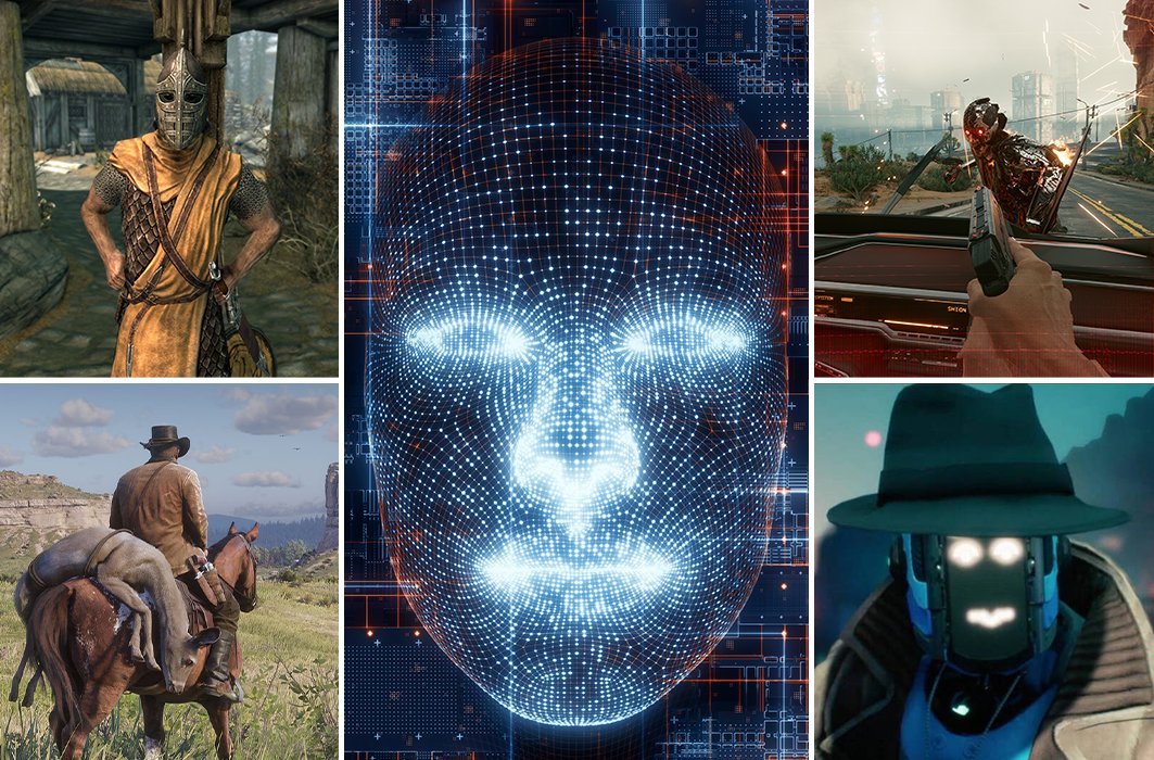 Les jeux Skyrim, Cyberpunk 2077, Red Dead Redemption II et Inworld Origins autour d'un visage numérique. Les jeux Skyrim, Cyberpunk 2077, Red Dead Redemption II et Inworld Origins autour d'un visage numérique.