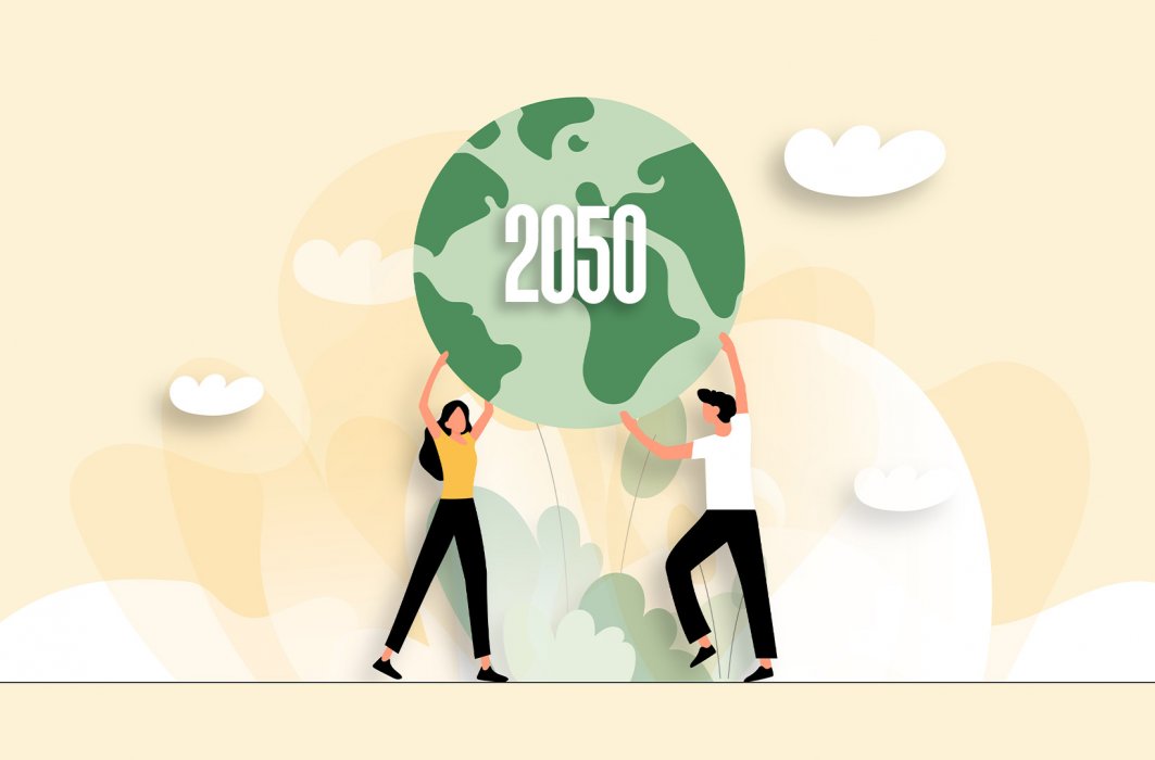 Illustration en découpage de deux personnes qui tiennent une planète.