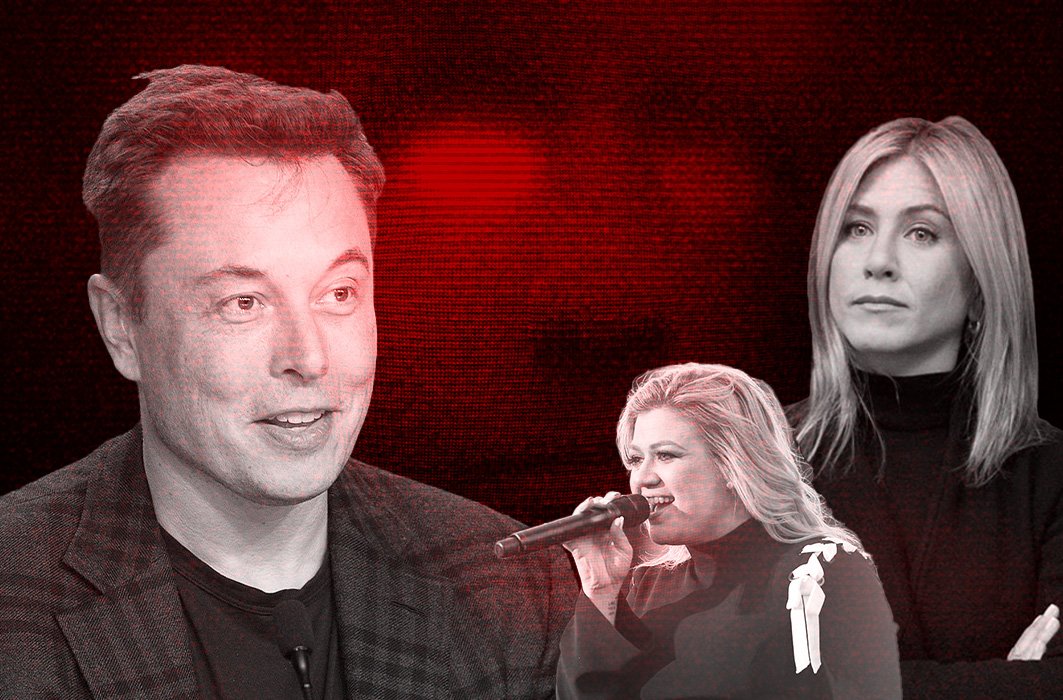 Elon Musk, Kelly Clarkson et Jennifer Aniston. Elon Musk, Kelly Clarkson et Jennifer Aniston.